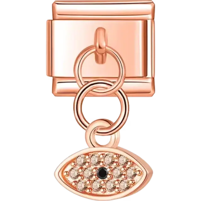 Dangle evil eye with gold crystal accents and black gemstone center Italian charm bracelet link