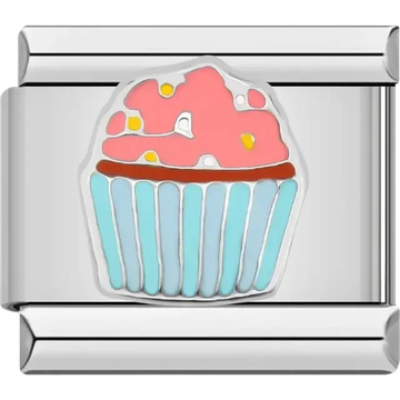 Cupcake with pink frosting colorful sprinkles and blue wrapper Italian charm bracelet link