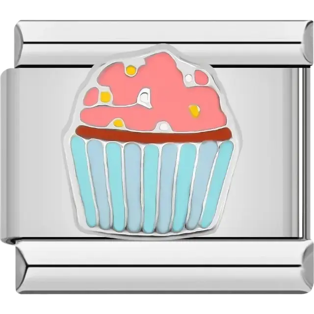 Cupcake with pink frosting colorful sprinkles and blue wrapper Italian charm bracelet link