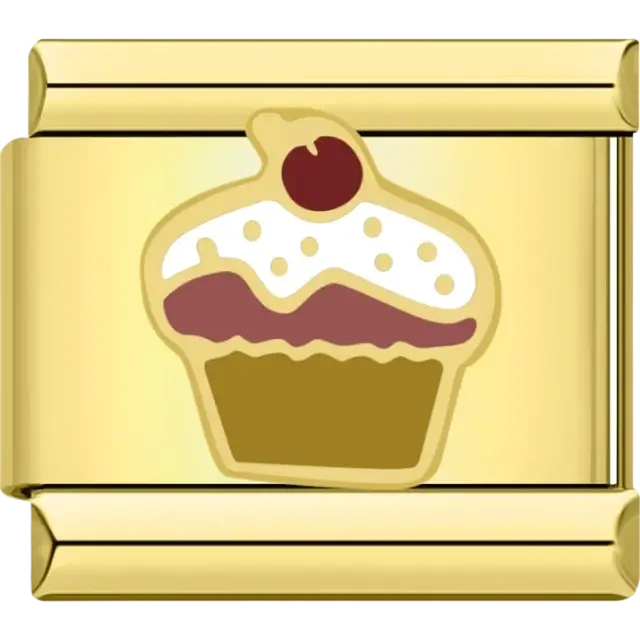 Yellow cupcake with pink frosting and red cherry topper Italian charm bracelet link