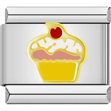 Yellow cupcake with pink frosting and red cherry topper Italian charm bracelet link