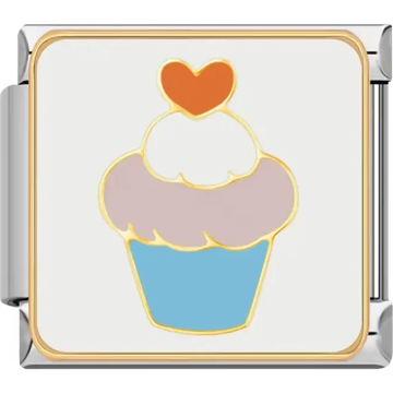 Blue cupcake base with pink and white frosting topped with an orange heart Italian charm bracelet link