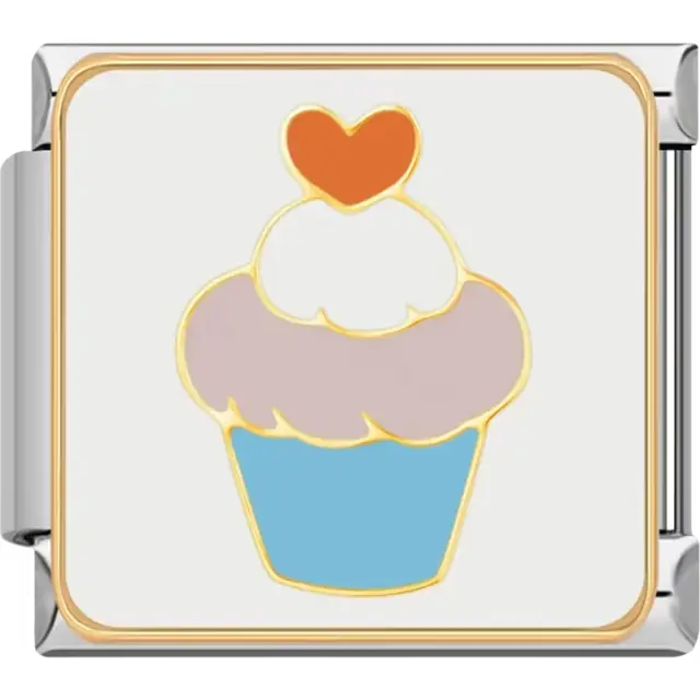 Blue cupcake base with pink and white frosting topped with an orange heart Italian charm bracelet link