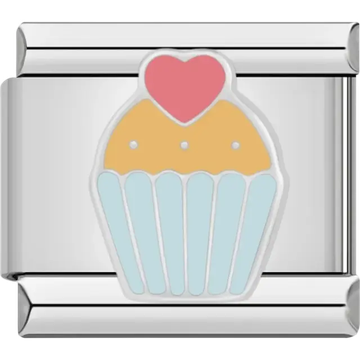 Cupcake design with a blue wrapper, golden top, and a pink heart detail Italian charm bracelet link