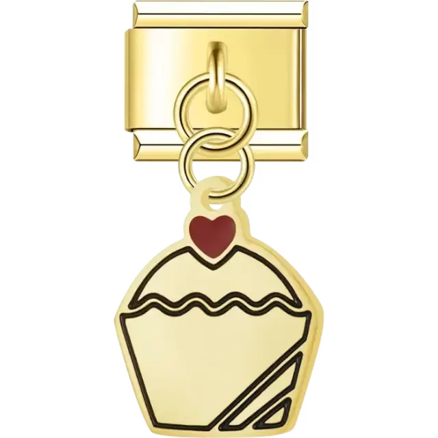 White cupcake with red heart detail dangle Italian charm bracelet link