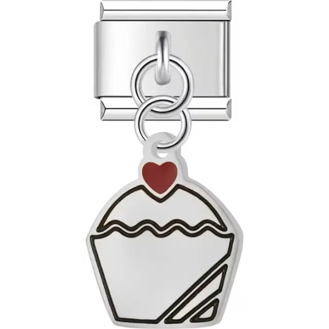 White cupcake with red heart detail dangle Italian charm bracelet link