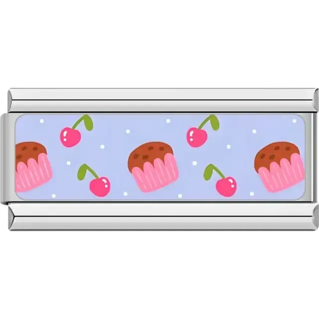 Pink cupcakes with chocolate tops red cherries and white dots on blue background Italian charm bracelet link