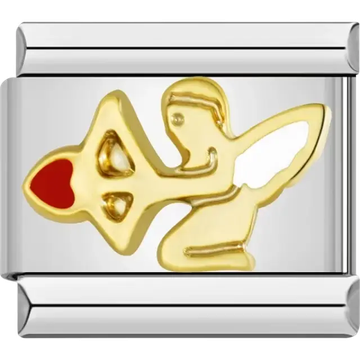 Gold-tone cupid design holding a red heart with wing detailing Italian charm bracelet link