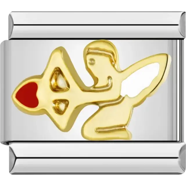 Gold-tone cupid design holding a red heart with wing detailing Italian charm bracelet link