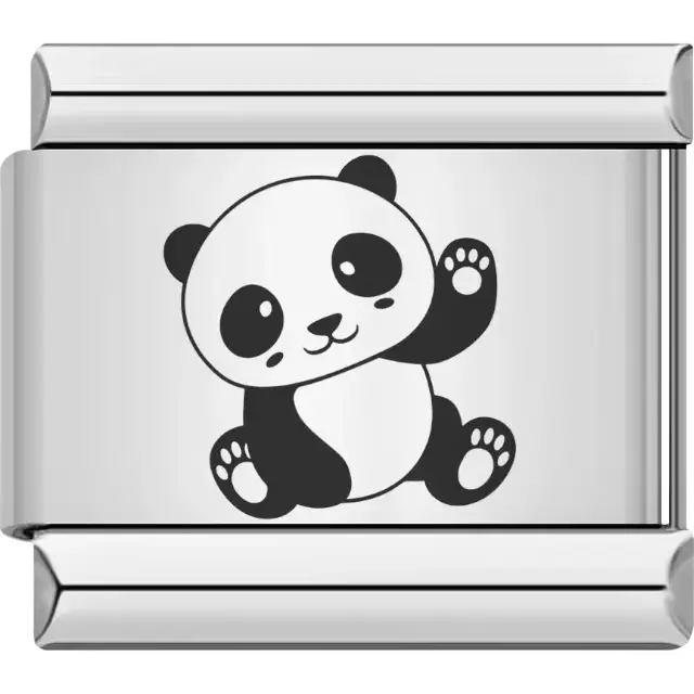 Black and white panda with a cheerful expression and raised paw Italian charm bracelet link
