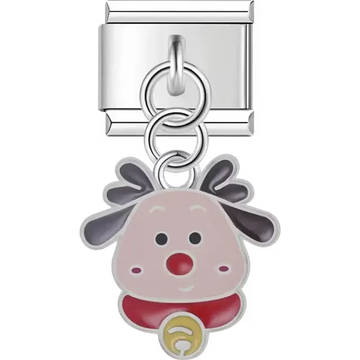 Light brown reindeer face with red nose red collar and gold bell on dangle Italian charm bracelet link
