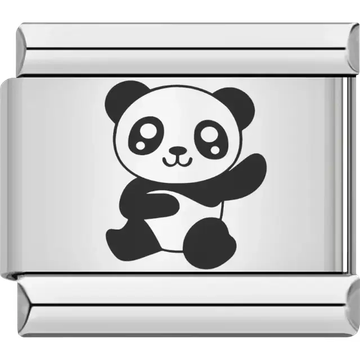 Black and white panda waving with a cheerful expression Italian charm bracelet link