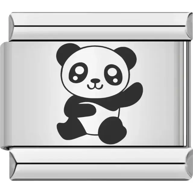 Black and white panda waving with a cheerful expression Italian charm bracelet link