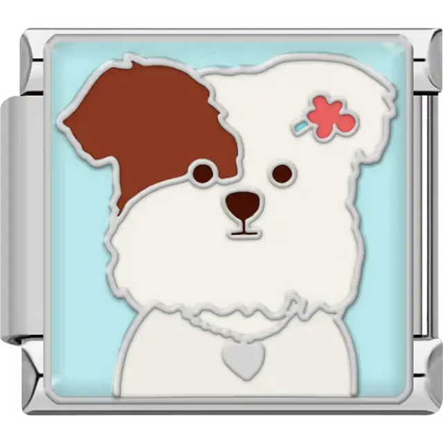 Adorable white puppy with brown patch, heart tag, and pink flower on ear, light blue background Italian charm bracelet link