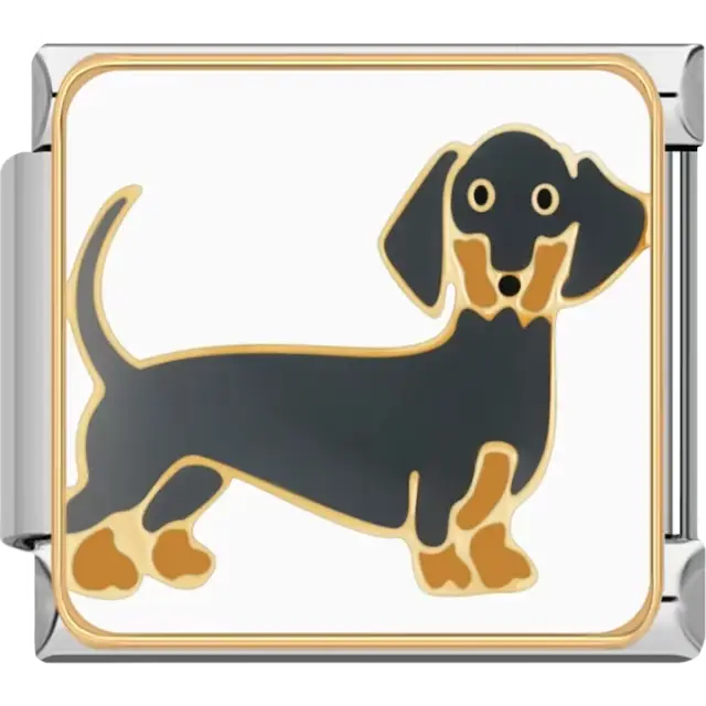Black and brown Dachshund dog with gold details Italian charm bracelet link