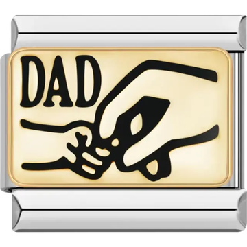 Dad’s hand holding a baby’s hand with bold black details on a gold background Italian charm bracelet link