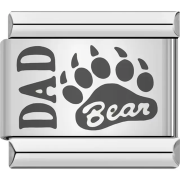 "Bear" text inside a paw print with bold "Dad" text Italian charm bracelet link