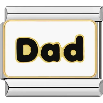 Black "Dad" text with gold outlines on a white background Italian charm bracelet link