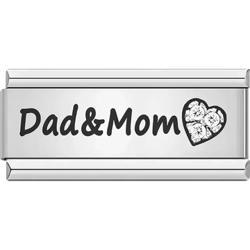 Black text "Dad&amp;Mom" with a crystal-filled heart Italian charm bracelet link