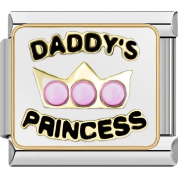 “Daddy’s Princess” text with a gold crown and pink gems on a white background Italian charm bracelet link