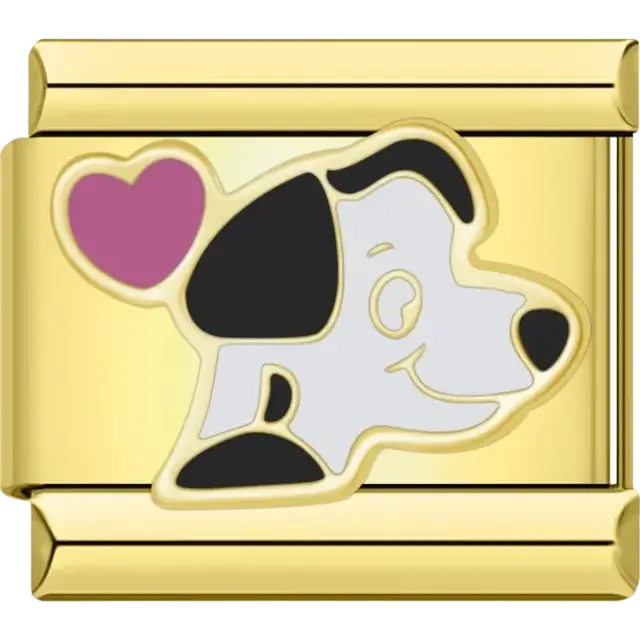 White Dalmatian dog face with black spots and a purple heart accent Italian charm bracelet link