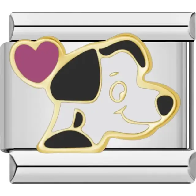 White Dalmatian dog face with black spots and a purple heart accent Italian charm bracelet link