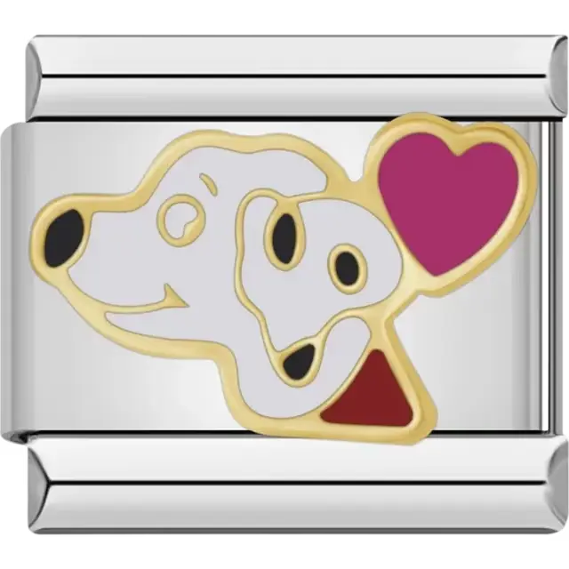 White Dalmatian dog face with black spots, gold outline, and a pink heart accent Italian charm bracelet link