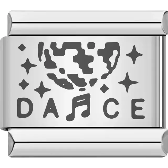 Black "DANCE" text with disco ball and star design Italian charm bracelet link