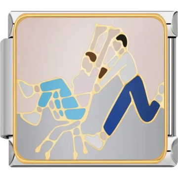 Man pushing a shopping cart with a woman sitting inside wearing a blue dress Italian charm bracelet link