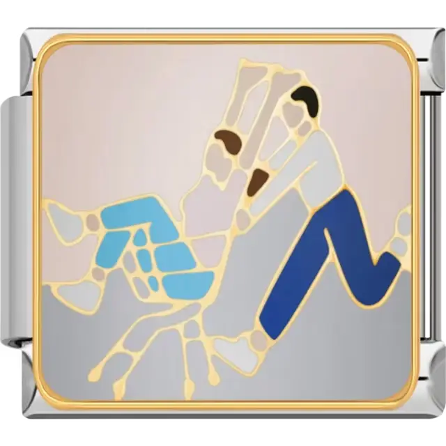 Man pushing a shopping cart with a woman sitting inside wearing a blue dress Italian charm bracelet link