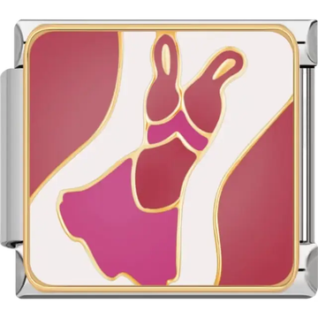 Stylized dress design in pink and red with gold accents on a white background Italian charm bracelet link