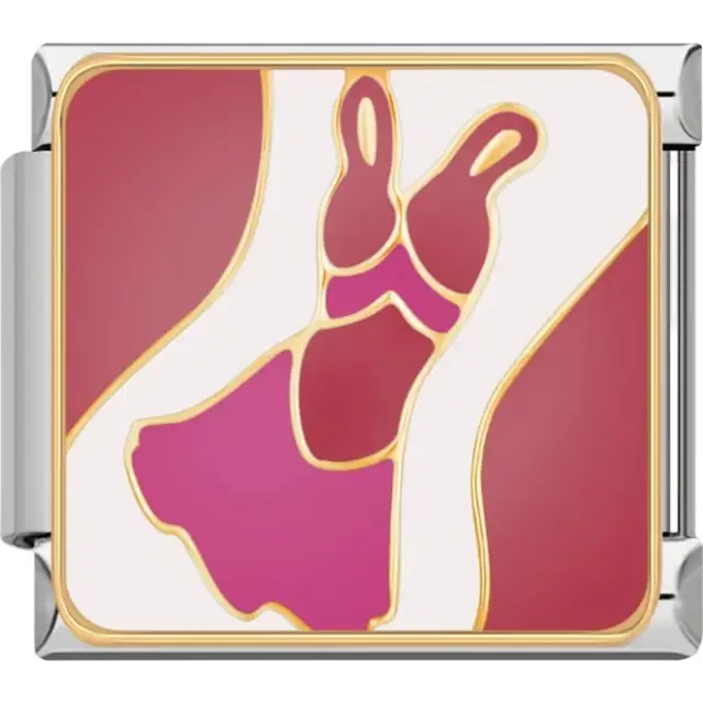 Stylized dress design in pink and red with gold accents on a white background Italian charm bracelet link