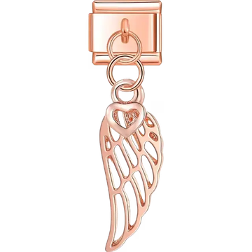 Rose-gold dangling angel wing charm with a heart accent Italian charm bracelet link