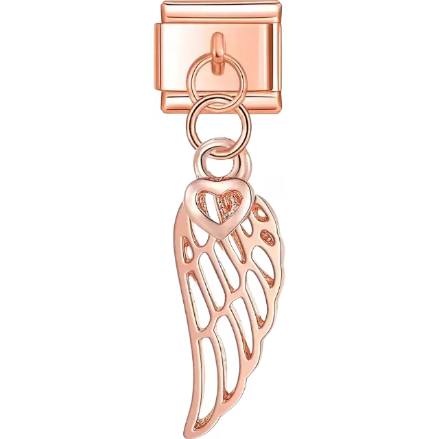 Rose-gold dangling angel wing charm with a heart accent Italian charm bracelet link