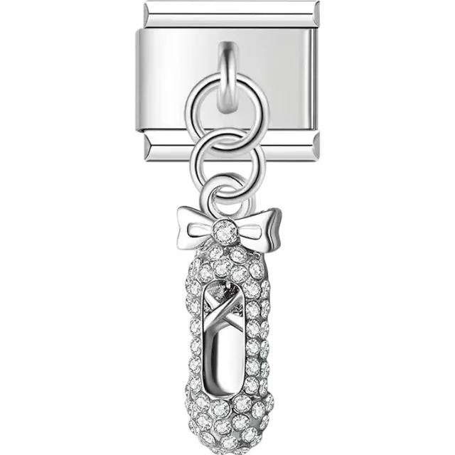 Silver dangling ballet shoe charm covered in sparkling crystals Italian charm bracelet link
