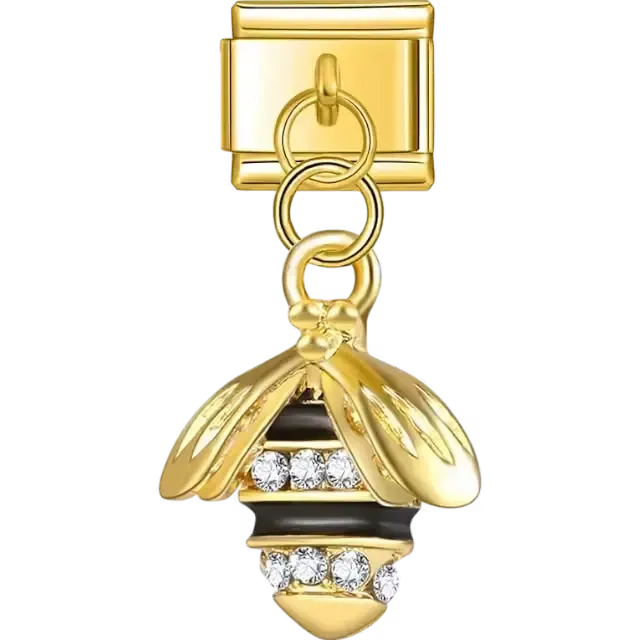 Silver dangling bee charm with black enamel stripes and crystal accents Italian charm bracelet link