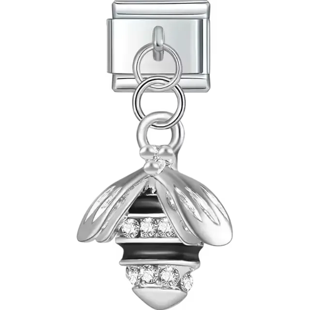 Silver dangling bee charm with black enamel stripes and crystal accents Italian charm bracelet link