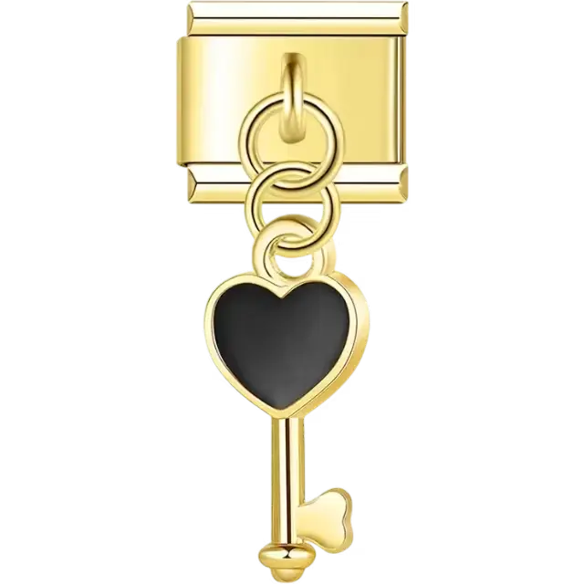 Gold key design with a black heart-shaped top and a dangling feature Italian charm bracelet link