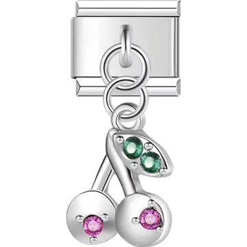 Dangling cherry design with pink gemstones on the cherries and green gemstones on the leaf Italian charm bracelet link