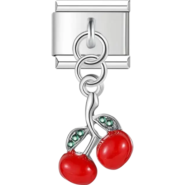 Silver dangling charm featuring two red cherries with green crystal-accented leaves Italian charm bracelet link