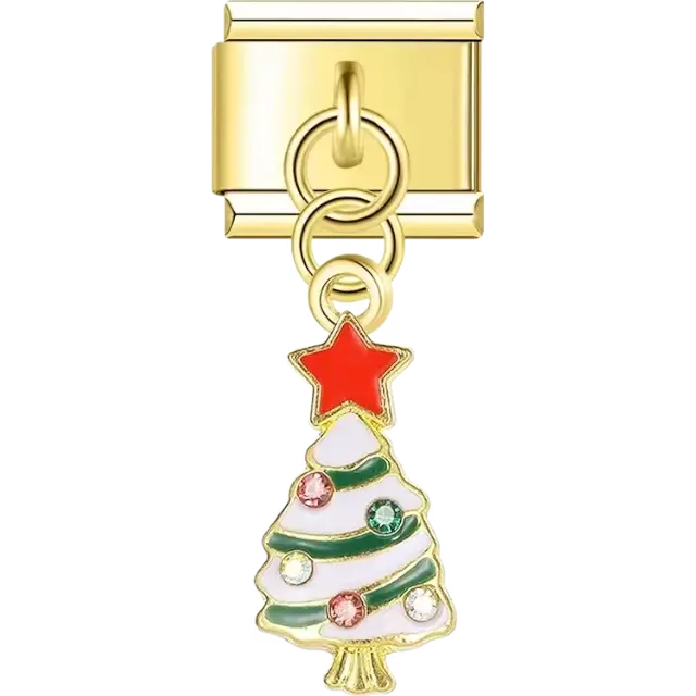 Christmas tree design with a red star at the top, green and white details, and colorful gemstones Italian charm bracelet link