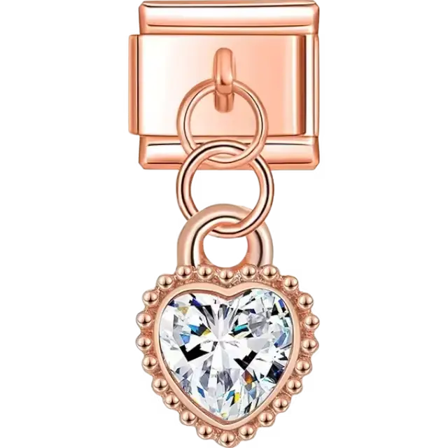Rose-gold dangling charm with a heart-shaped crystal centerpiece Italian charm bracelet link