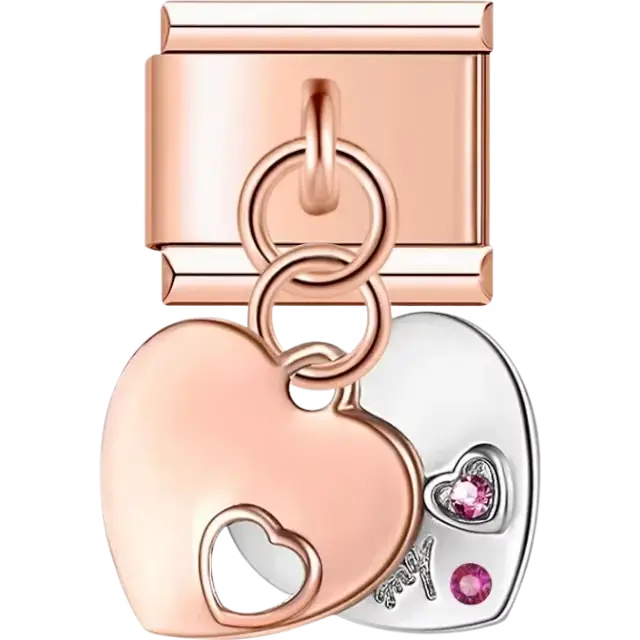 Rose-gold and silver dangling hearts with crystal accents Italian charm bracelet link