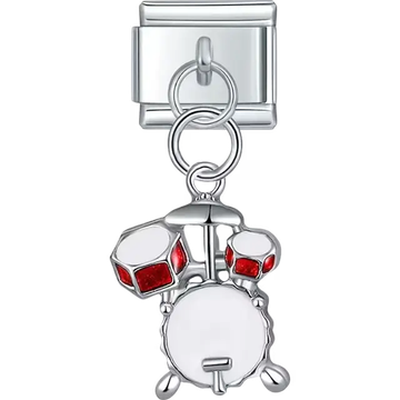 Dangling drum set design with red accents on the drums Italian charm bracelet link