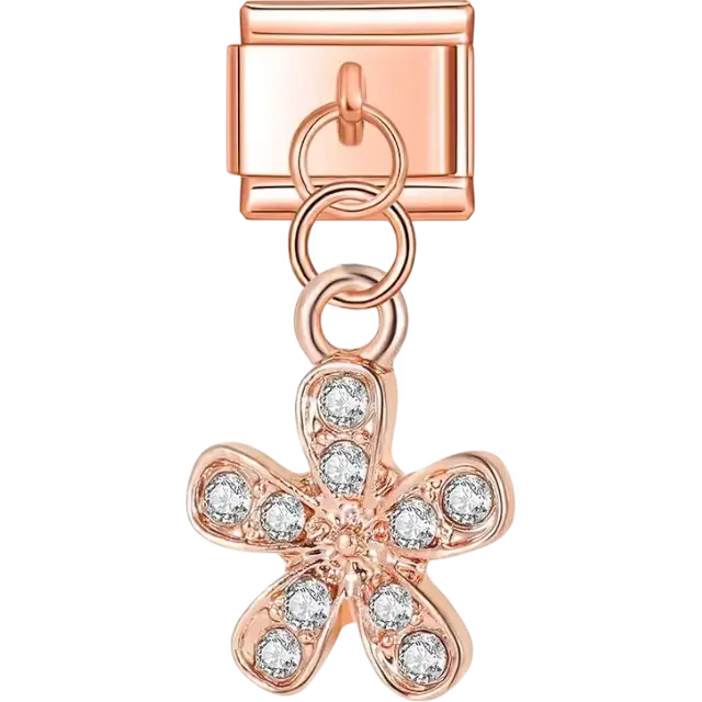 Rose gold dangling flower design with clear stones on each petal Italian charm bracelet link