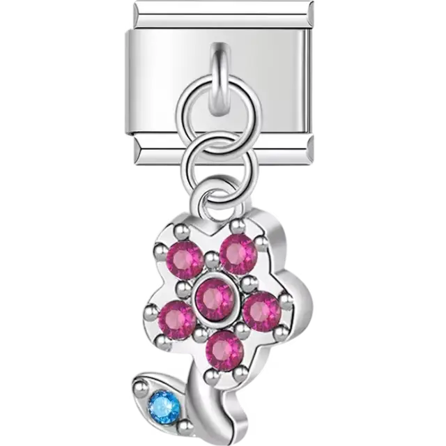 Dangling flower design with six pink gemstones and a blue gemstone leaf Italian charm bracelet link