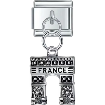 Dangling Arc de Triomphe design with "France" text and detailed accents Italian charm bracelet link