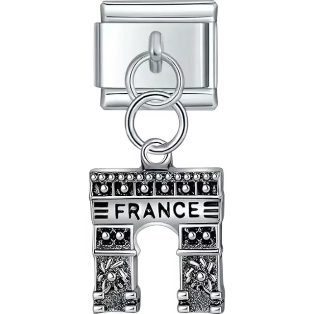 Dangling Arc de Triomphe design with "France" text and detailed accents Italian charm bracelet link