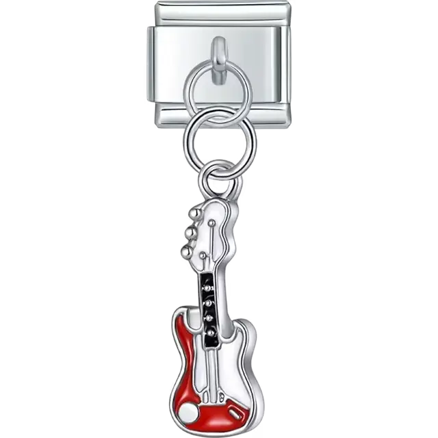Dangling guitar design with red highlights and black string details Italian charm bracelet link