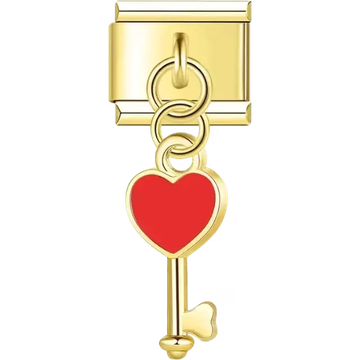 Gold key design with a red heart-shaped top and a dangling feature Italian charm bracelet link